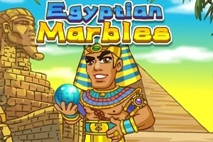 En animeret farao med en farverig farao-klædning holder en blå kugle foran pyramider og en sfinx med teksten Egyptian Marbles øverst