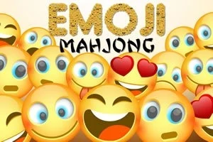 Multiple smilies with various expressions, some with heart eyes, set against text saying Emoji Mahjong