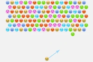 Farverige emojis er arrangeret i rækker øverst på en hvid baggrund med en enkelt emoji nederst klar til at blive affyret mod dem