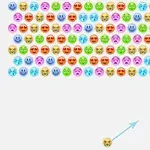 Farverige emojis er arrangeret i rækker øverst på en hvid baggrund med en enkelt emoji nederst klar til at blive affyret mod dem
