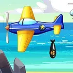 Et blåt og gult propelfly, der flyver over havet med en bombe, mens en helikopter ses i baggrunden