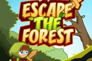 Tegning af en figur i grønt tøj med et træs sværd ved siden af teksten Escape the Forest i en skovsceneri
