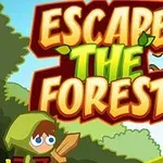 Tegning af en figur i grønt tøj med et træs sværd ved siden af teksten Escape the Forest i en skovsceneri