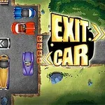 Flere farvede biler er parkeret i et firkantet område med teksten EXIT CAR ved siden af