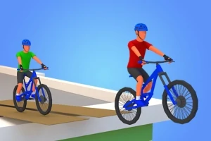 To personer iført hjelme cykler på blå mountainbikes på en hævet platform