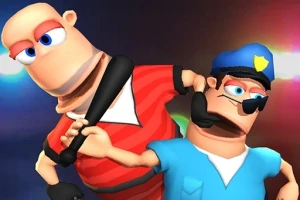 To animerede figurer, en i rød stribet trøje med et baseballbat og en i blåt politiuniform med en lommelygte, står tæt på hinanden mod en farverig baggrund