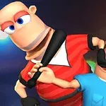 To animerede figurer, en i rød stribet trøje med et baseballbat og en i blåt politiuniform med en lommelygte, står tæt på hinanden mod en farverig baggrund