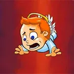 Tegneseriefigur med orange hår, englevinger og en glorie, der ser forskrækket ud på en rød baggrund