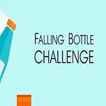 En tegnet blå flaske med orange låg falder mellem orange platforme på en lyseblå baggrund med teksten Falling Bottle Challenge