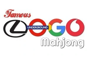 Teksten Famous Logo Underground Mahjong med forskellige skrifttyper og stiliserede bogstaver, herunder logo-designelementer