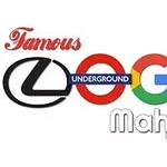 Teksten Famous Logo Underground Mahjong med forskellige skrifttyper og stiliserede bogstaver, herunder logo-designelementer