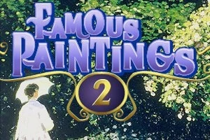 Titel med teksten Famous Paintings 2 i lilla bogstaver over en impressionistisk maleri med en person med en hvid paraply