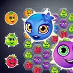Farverige, smilende frugtfigurer med store øjne på en mørk baggrund med hexagonale mønstre