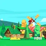 Et farverigt landskab med en gård, mølle, lade og traktor omkranset af træer og marker