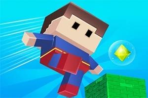 Pixel-art figur i superhelte-dragt flyver gennem luften mod en svævende gul diamant og grønne blokke