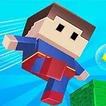 Pixel-art figur i superhelte-dragt flyver gennem luften mod en svævende gul diamant og grønne blokke