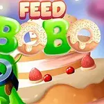 Tegning af en grøn figur med store briller, kigger op på en stor kage dekoreret med chokoladekiks og bær, og teksten FEED BOBO i lyse farver