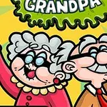 To ældre tegneseriefigurer, en bedstemor og bedstefar, smilende og svingende gafler, med farverige tøj og baggrund