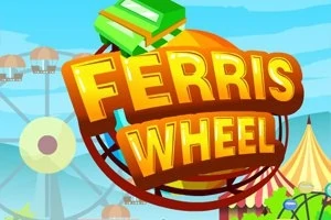 Illustration af et farverigt pariserhjul med teksten Ferris Wheel i forgrunden og en forlystelsespark i baggrunden