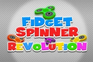 Farverige fidget spinners med teksten i store, farvestrålende bogstaver mod en stribet baggrund