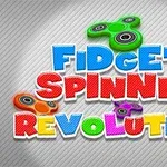 Farverige fidget spinners med teksten i store, farvestrålende bogstaver mod en stribet baggrund