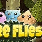 Tre farverige, smilende figurer med lysende øjne omgivet af skov og teksten FIRE FLIES i gule bogstaver