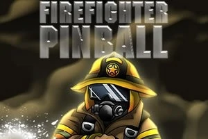 Brandmand i gult beskyttelsesudstyr med en hjelm og gasmaske står foran teksten Firefighter Pinball