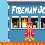 En pixelkunst-brandmand står foran en brændende bygning med tre personer og en hund i vinduerne