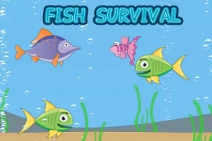 Tegneserieagtige fisk svømmer i havet med bobler omkring dem og teksten Fish Survival øverst