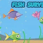 Tegneserieagtige fisk svømmer i havet med bobler omkring dem og teksten Fish Survival øverst