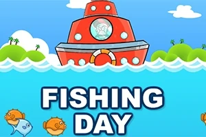 En tegning af en rød båd på havet med små fisk og teksten Fishing Day