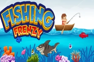 En tegneserieillustration af en dreng, der fisker fra en båd i havet omgivet af farverige fisk og koraller, med teksten Fishing Frenzy øverst