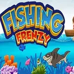 En tegneserieillustration af en dreng, der fisker fra en båd i havet omgivet af farverige fisk og koraller, med teksten Fishing Frenzy øverst