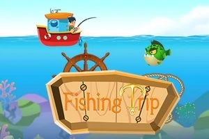 En mand fisker fra en rød båd med en grøn vred fisk i nærheden, og teksten Fishing Trip vises på et træskilt i forgrunden