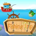 En mand fisker fra en rød båd med en grøn vred fisk i nærheden, og teksten Fishing Trip vises på et træskilt i forgrunden