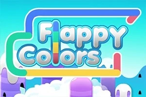 Tekst Flappy Colors i hvide boblede bogstaver med farverige highlights mod en blå himmel og skyer i pastel farver