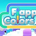 Tekst Flappy Colors i hvide boblede bogstaver med farverige highlights mod en blå himmel og skyer i pastel farver