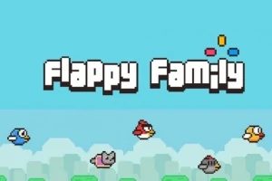 Tegneserieagtige fugle og en kat, der svæver på en blå baggrund med teksten Flappy Family