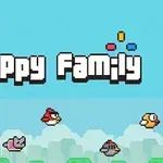Tegneserieagtige fugle og en kat, der svæver på en blå baggrund med teksten Flappy Family