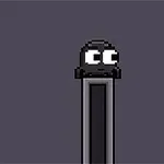 En sort, pixel-art karakter med store, hvide øjne står på toppen af en høj, smal søjle mod en mørk baggrund