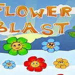 Tegneserieblomster i forskellige farver med ansigter under teksten Flower Blast på en blå himmelbaggrund med skyer og blade