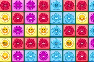 Farverige symboler i et gittermønster med røde roser, lilla blomster, blå blomster og gule ansigter med smil