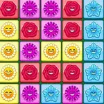 Farverige symboler i et gittermønster med røde roser, lilla blomster, blå blomster og gule ansigter med smil