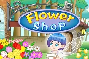 Tegnet billede af en blomsterbutik med farverige blomster og en figur med blå hår og vinger foran en butiksside
