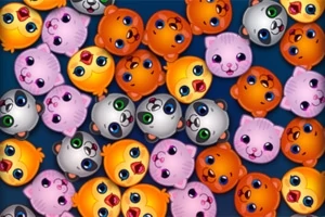 Farverige, tegneserieagtige dyrehoveder i forskellige farver, som orange, pink og hvid, tæt sammen i et mønster