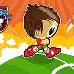 En tegneseriefigur i fodboldtrøje løber med en fodbold, omgivet af lyse og farverige grafikker