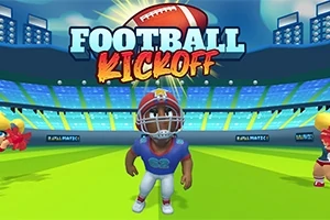 Tegnefilmfigur iført amerikansk fodboldudstyr står på en grøn bane med en stadionbaggrund, og teksten Football Kickoff vises øverst