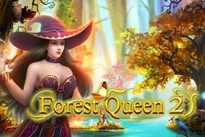 En kvinde i en rød hat står i en magisk og farverig skov med teksten Forest Queen 2