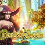En kvinde i en rød hat står i en magisk og farverig skov med teksten Forest Queen 2