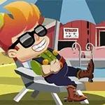 En tegneseriefigur med rødt hår og solbriller slapper af i en stol ved siden af en pool foran en lade med grise i nærheden
